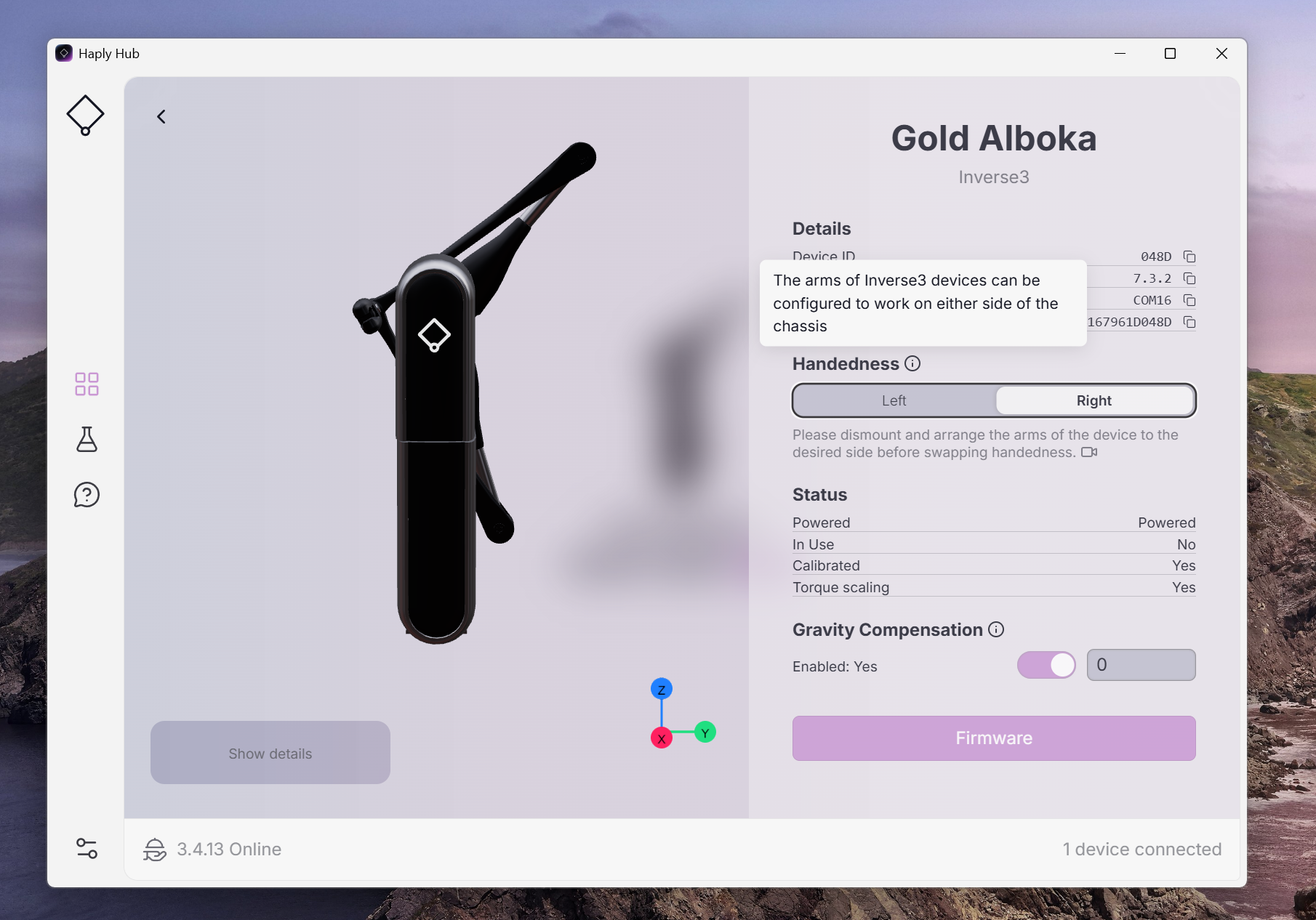 Haply Hub 概述页面,手感值突出显示